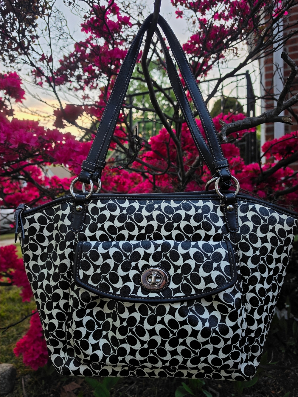 2010 Signature C Coach Y2K Chelsea Leah Large Tote Black & White
